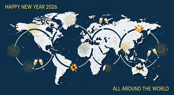 Conceptual world map illustrating a global New Year 2026 celebration with festive fireworks and champagne toasts around the world