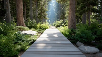 Obraz premium Serene Forest Pathway Through Lush Greenery and Sunlight Streaming in Between Tall Trees for Nature Lovers and Tranquil Scenes