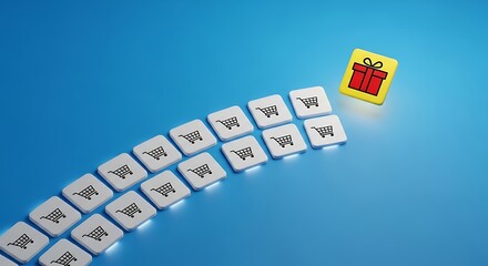 Row of shopping cart icons leading towards a single yellow gift box icon on blue background