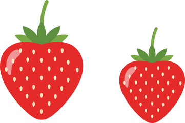 Bright strawberry fruit vector illustration with glossy highlight, green leaves and seeds, simple fresh red berry design for food graphics, healthy nutrition, and summer themes.