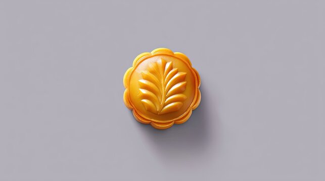 Round golden pastry with intricate leaf design on top against a smooth gray background, evoking warmth and tradition in culinary arts