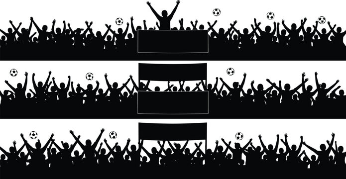 Cheering crowd silhouette banners with raised hands and soccer balls, celebrating audience vector design for stadium events, sports fan gatherings, festivals, and energetic backgrounds.