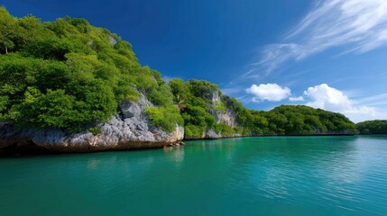 Obraz premium Serene Tropical Landscape with Lush Green Hills and Crystal Clear Water Under a Bright Blue Sky and Fluffy White Clouds in a Secluded Bay