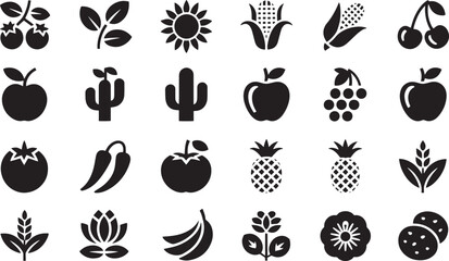 Botanical icon set for fruits, vegetables, plants, flowers, nutrition, gardening, and organic design