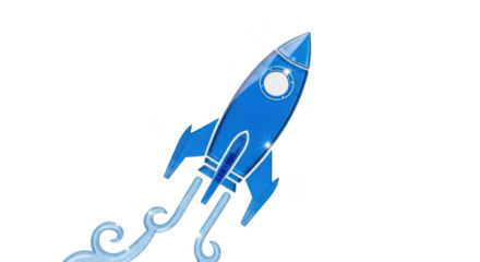 Blue rocket ship illustration with flame and smoke effect, vector graphic design, space exploration concept isolated on transparent background