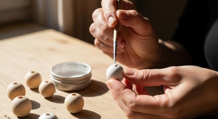 Close-up of hands painting small ceramic objects with a brush on a wooden table with natural light.