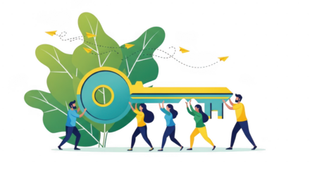 Group of people carrying a large green leaf with a circular emblem and the number one on it isolated on transparent background