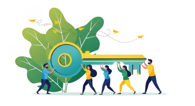 Group of people carrying a large green leaf with a circular emblem and the number one on it isolated on transparent background