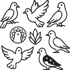 Pigeon Pet Dove Coloring Style Line Art Bundle 7 Icons.eps