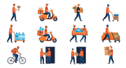 Delivery workers carrying packages using various transportation methods including bicycles, scooters, and trucks isolated on transparent background