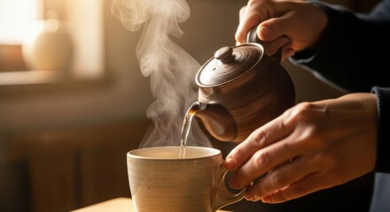 Close-up of hands pouring hot tea from teapot into a cup on a table in a cozy indoor setting.