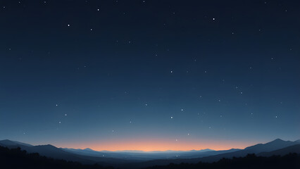 Fototapeta premium A serene panoramic view of a tranquil starlit night sky above a vast mountain range, with a soft distant glow on the horizon, evoking a sense of peaceful wonder