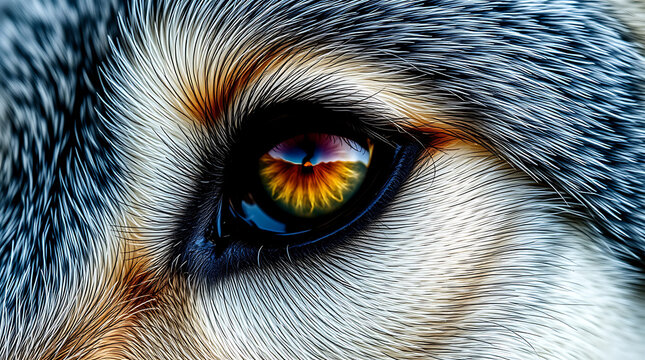 Intense close up of a wolf s eye reflecting vibrant colors