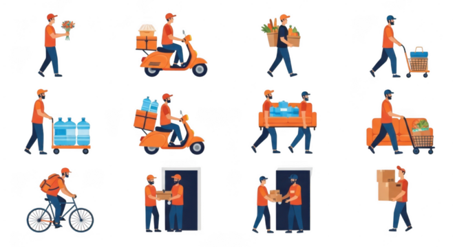 Delivery workers carrying packages using various transportation methods including bicycles, scooters, and trucks isolated on transparent background