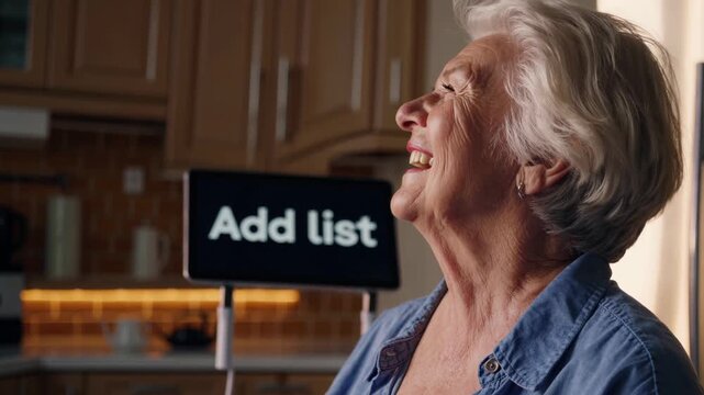 Senior woman smiling, looking up and interacting with a voice controlled smart home device displaying add list in her modern kitchen, embracing new technology for daily tasks