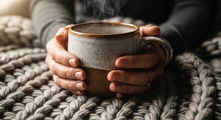 Close-up of a person holding a steaming mug on a woven blanket