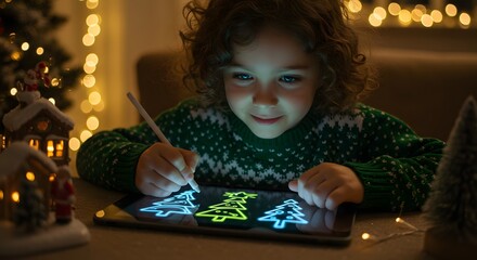 A child drawing christmas trees on a tablet with a stylus in a cozy christmas decorated setting indoors