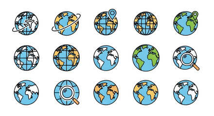 Collection of globe icons with various symbols and magnifying glasses for global communication and navigation isolated on transparent background