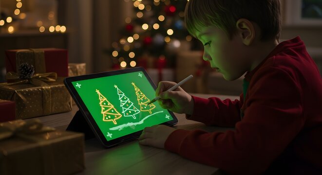 A boy draws christmas trees on a tablet with a stylus in a christmas decorated room with gifts around him