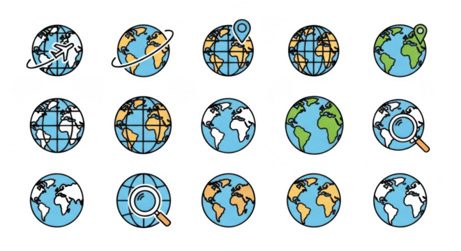 Collection of globe icons with various symbols and magnifying glasses for global communication and navigation isolated on transparent background