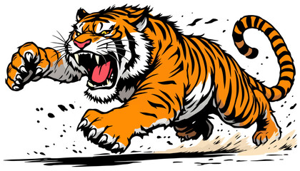 An aggressive and powerful striped tiger mascot is dynamically depicted mid-leap with an open roaring mouth, rendered in a striking graphic vector illustration style.