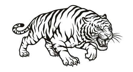 Obraz premium A fierce tiger illustration in a vector format, depicted in black and white, poised to pounce, showcasing its strength and agility in a minimalist style.
