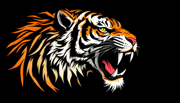 A fierce tiger head vector illustration with a menacing expression, showcasing its sharp teeth and intense gaze against a dark, contrasting background. - Powered by Adobe