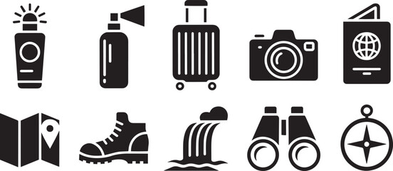 Travel essentials icon set for packing, adventure, tourism, navigation, gear, and outdoor exploration