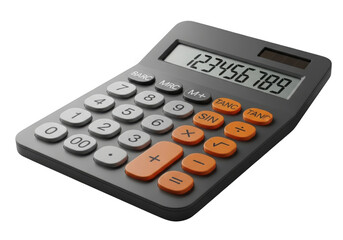 Modern calculator with orange buttons and a digital display, isolated on transparent background