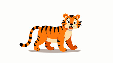 Fototapeta premium A cheerful cartoon tiger, rendered in a vector graphic style, walks across a clean white background, perfect for children's illustrations and educational materials.