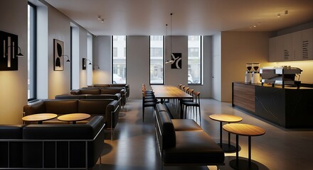 Modern Co-working Space with Comfortable Seating and Coffee Bar.