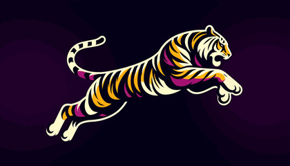 A vibrant vector illustration showcasing a leaping tiger with bold stripes and dynamic movement, set against a dark background for striking visual impact.