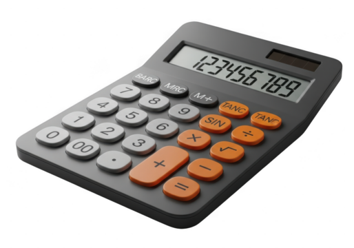 Modern calculator with orange buttons and a digital display, isolated on transparent background