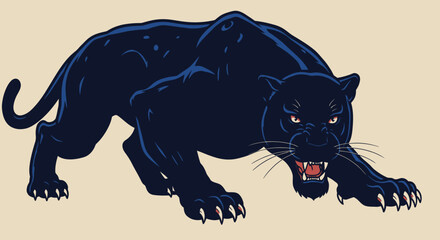 A fierce black panther vector illustration, rendered in a bold, graphic style, showcasing the powerful big cat in a dynamic, ready-to-pounce pose, against a simple, neutral background for versatile