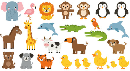 Naklejka premium A vibrant vector illustration showcases a delightful collection of cartoon animals, perfect for children's designs, educational materials, and playful projects, featuring a diverse array of creatures
