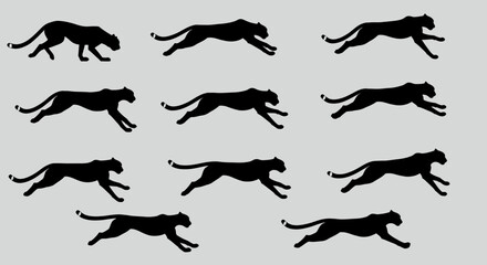 A dynamic vector illustration showcases a running tiger silhouette, perfect for design projects, featuring a sequence of movements against a neutral backdrop, ideal for various creative applications.