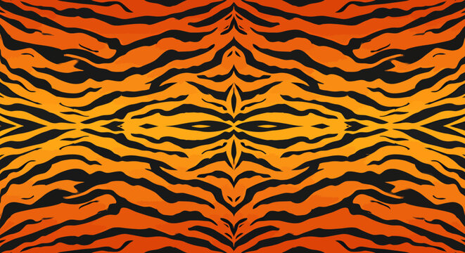 A vibrant and symmetrical graphic pattern featuring abstract black stripes on a gradient orange and yellow background, resembling a tiger's fur print.