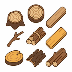Wood Logs Icon Set – Tree Stump, Timber, Firewood, Lumber Clipart