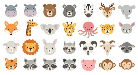 Obraz premium A charming collection of adorable animal head illustrations in a vibrant vector format, perfect for children's designs, educational materials, and playful graphic projects, available as a