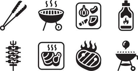 Barbecue icon set for grilling tools, meat, vegetables, sauce, outdoor cooking, and food design