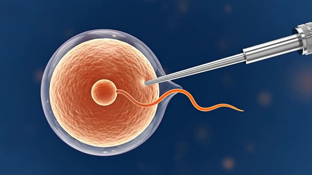 Medical Illustration Of A Human Egg Cell Fertilization Process With Microscope Tool On Blue Background