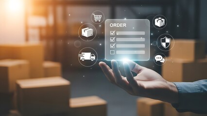 Hand holding digital interface for order management in a warehouse setting