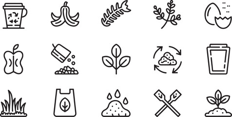 Composting icons set for organic waste, eco-friendly living, sustainability, and green lifestyle design