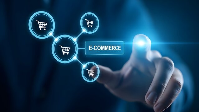 E commerce concept with hand touching digital screen and shopping cart icons