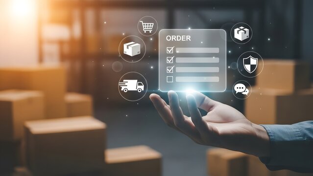 Hand holding digital interface for order management in a warehouse setting