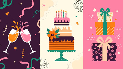 Fototapeta premium Festive Celebration - Toasting Glasses, Birthday Cake, and Stacked Gifts.