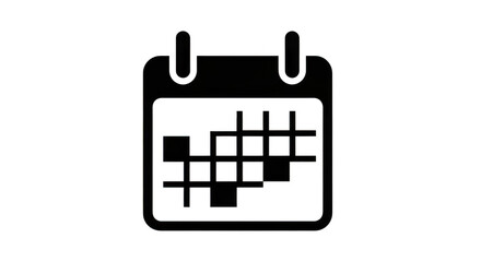 Black and white calendar icon with a grid pattern on the date square, isolated on transparent background
