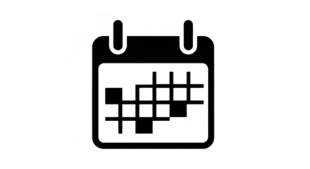 Black and white calendar icon with a grid pattern on the date square, isolated on transparent background