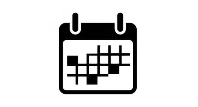 Black and white calendar icon with a grid pattern on the date square, isolated on transparent background