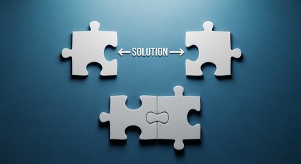 Fototapeta premium Three white puzzle pieces arranged on a dark blue textured background, symbolizing a solution